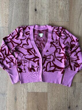 Maeve Anthropologie Pink Burgundy Heart Print Cropped Cardigan Sweater